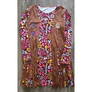 Womens (M) Hippie Costume Retro 70s Peace Sign Dress w/ Fringe Vest & Booties